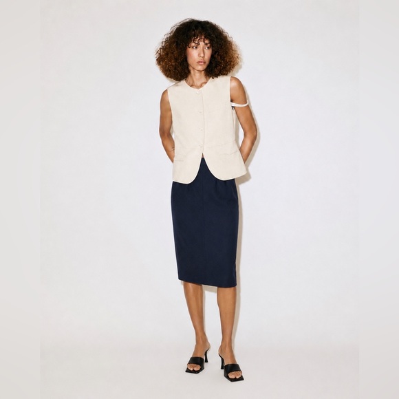 ALFRED SUNG Dresses & Skirts - ALFRED SUNG - Navy Wool Pencil Skirt Midi Minimalist Tailored Designer